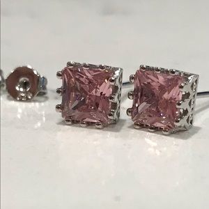 Sterling Silver, square princess cut pink topaz earrings, stunning!